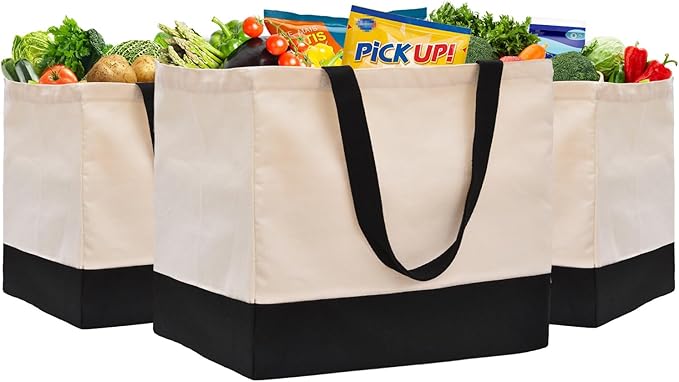 Extra Large Canvas Tote Bag with Pockets, Reusable Grocery Bags Heavy Duty | 14.6 x 10.2 x 13 in Holds 60 lbs Washable Eco-friendly Tote Bags for Shopping/Picnics/Beach/Laundry, Off White+Black 3 Pack by CNaiyunpin