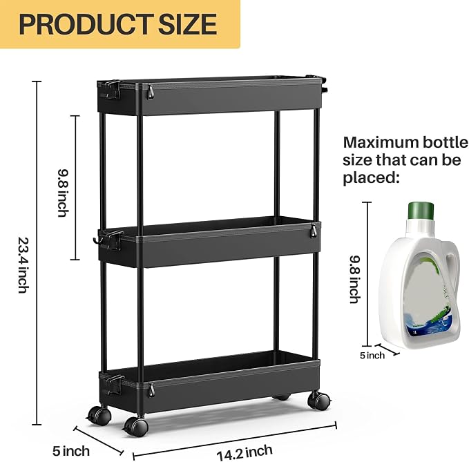 SPACEKEEPER Slim Rolling Storage Cart, 3 Tier Bathroom Storage Organizer Laundry Room Utility Cart Mobile Shelving Unit, Multi-Purpose for Kitchen Office Bathroom Laundry Narrow Places, Black | Narrow Rolling Cart with Wheels for Kitchen Office Bathroo... - Image 3
