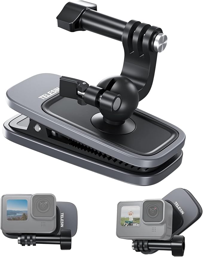 TELESIN 360° Swivel Ball-Head Backpack Clip Mount for Action Cameras | Dual-pivot 360° ball head and serrated spring clip for stable POV shooting; fits GoPro, DJI, Insta360 and AKASO. by telesin