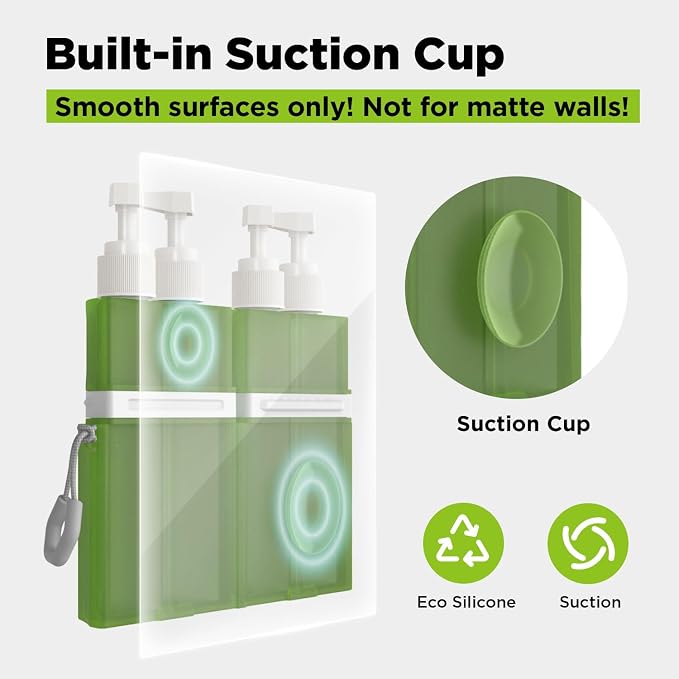 4 in 1 Travel Dispenser Bottle,TSA Approved Refillable Travel Size Toiletries Bottles Set with Suction Cup for Smooth Walls - for Shampoo,Conditioner,Body Wash,Lotion.(Green) - Image 2