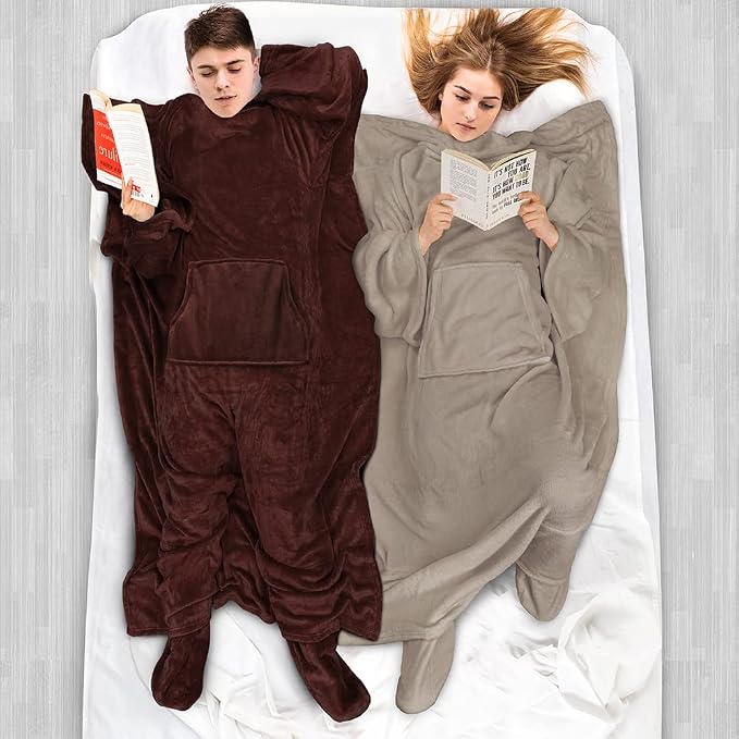 PAVILIA Fleece Blanket with Sleeves, Foot Pockets for Women Men Adults, Plush Wearable Blanket Throw Wrap, Warm Snuggle Blanket Robe, Cozy Gift Ideas Wife Mom, Brown - Image 5