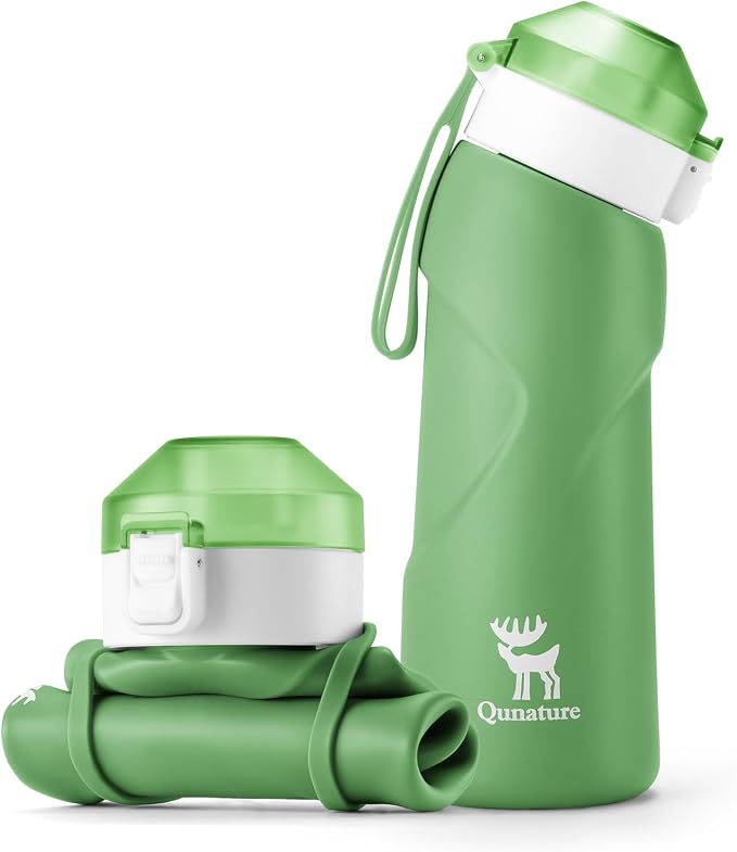 Quanture Collapsible Water Bottle 24oz (700mL), Foldable Silicone Travel Water Bottle, Leakproof & BPA-Free, with Wide Mouth & Carry Strap for Hiking, Camping, Outdoor, Green by QUNATURE