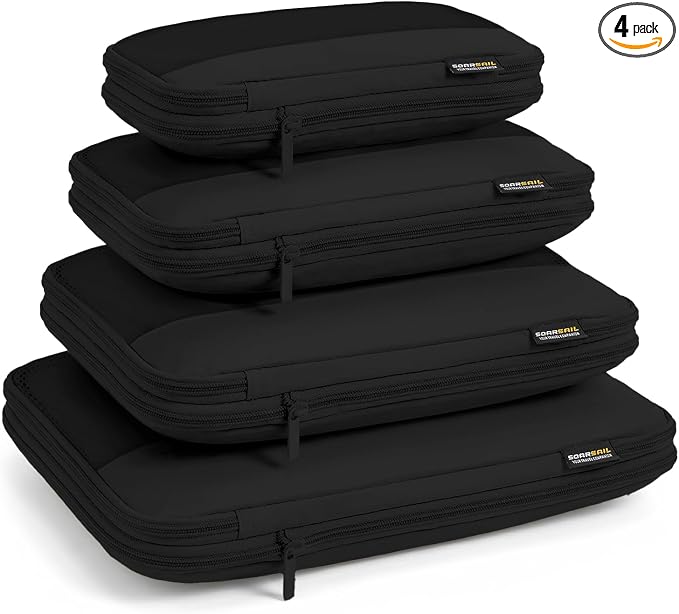 4 Piece Compression Packing Cubes for 3–7 Day Travel, Space Saving Travel Organizers with Breathable Mesh, Double-Zipper Packing Cubes for Carry-On & Suitcases (Black) by SOARSAIL