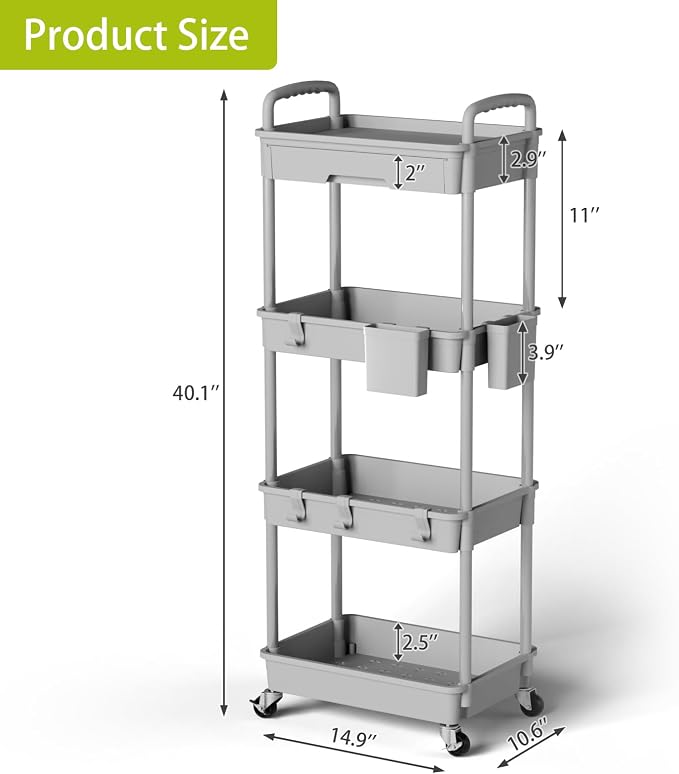 Sorgion 4 Tier Rolling Cart Organizer,Art Craft Diaper Bedside Snack Laundry Room Bathroom Organizer Narrow Thin Slim Rolling Trolley Utility Cart with Wheels for Kitchen,Office(Grey) - Image 3