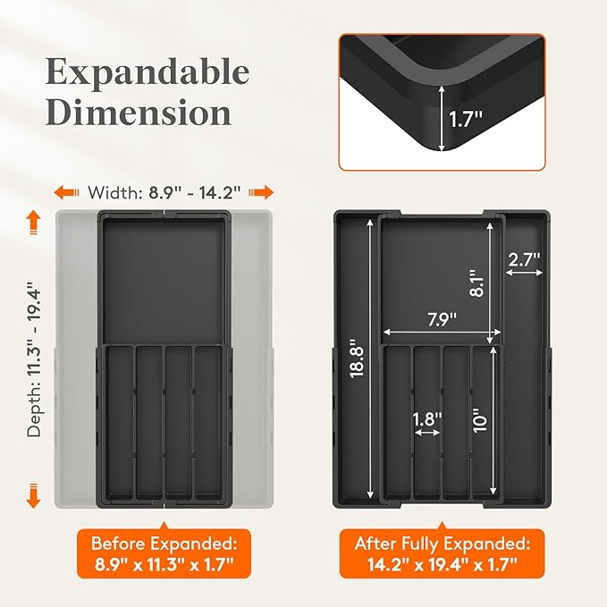 Lifewit Silverware Drawer Organizer, Expandable Utensil Tray for Kitchen | BPA Free Adjustable Flatware and Cutlery Holder, Plastic Storage for Spoons Forks Knives, 8.9-14.2 x 11.3-19.4 x 1.7, Black - Image 2