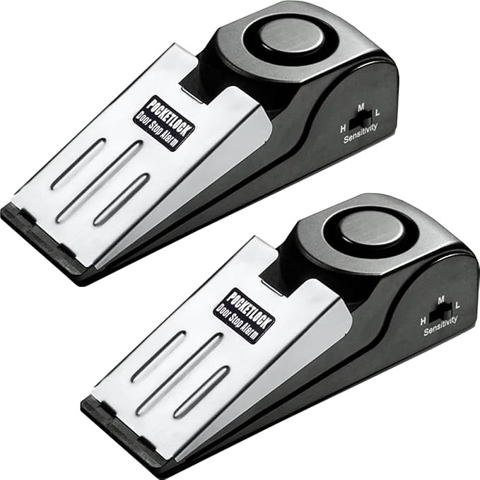 Door Stop Alarm with 120 dB Siren – Portable Travel Door Stopper Alarm Wedge for Hotel, Apartment & Dorm Security – Battery-Operated, Black, 2-Pack by PocketLock
