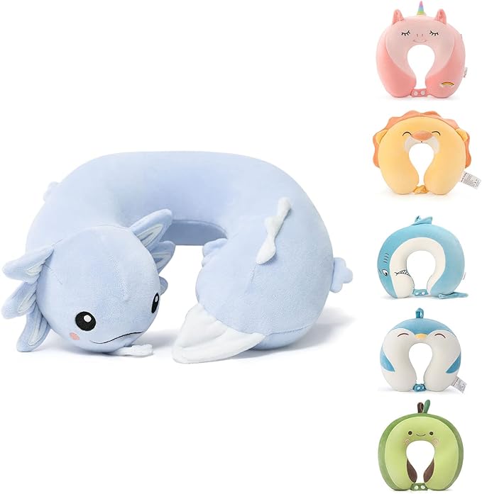Kids Travel Neck Pillow for Ages 3-8 with Memory Foam, Blue Axolotl | Removable cover, 13 in neck size, machine washable, hidden zipper, head and chin support, car seat and airplane use by NiuniuDaddy