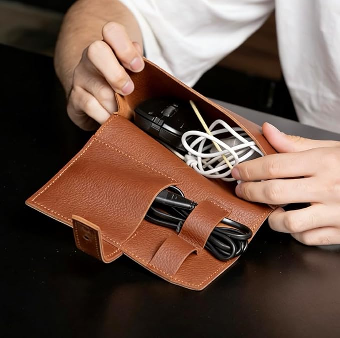 Vintage Pu leather Electronic organizer travel case,cord organizer travel, Leather charger shortage for essentials mouse, adapter, cables (vintage brown) - Image 6