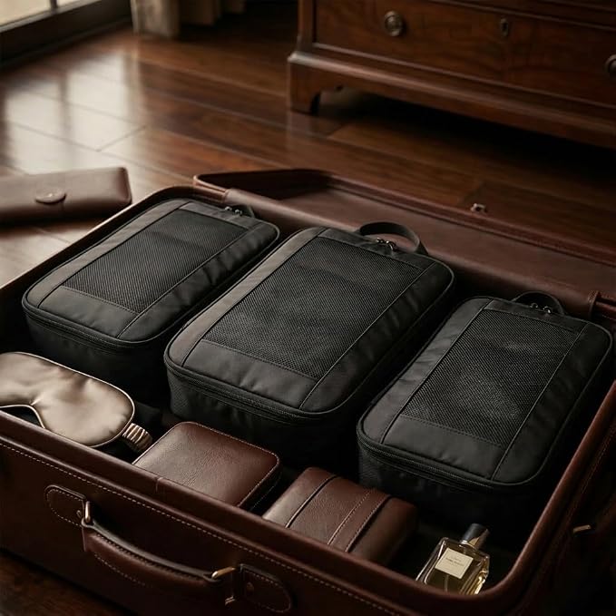 G-FORCE 3PC Compression Mesh Mid-Rectangular Packing Cube Set Black Color | Space Saver Travel Organizer | Luggage Compression Cubes - Image 9