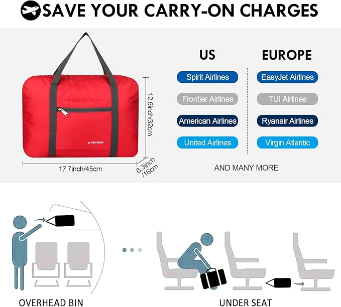 F.FETIVIN Personal item travel bag 17.7x12.6x6.3 for Spirit Airlines Lightweight carry on duffle bag water resistant for Gym,Sports,Vacation(Red) - Image 2