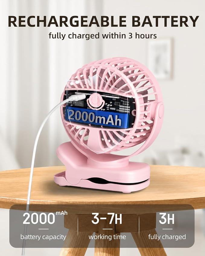 TUNISE Mini Clip on Fan, Battery Operated Desk Fan, Digital display，3 Speeds Adjustable, Bidirectional 360 ° Adjustable, Super Strong Wind, Portable Fan for Home, Office, Camping - Image 6