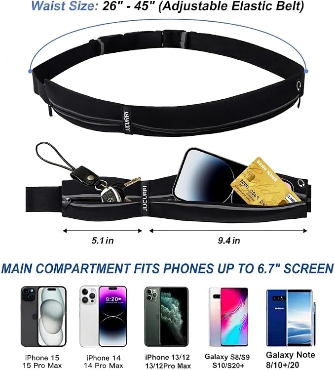 Slim Running Belt for Women and Men, Waterproof Phone Holder for Running, Reflective 2-Pocket Waist Pack for Storing Runner’s Essentials Safely, Runner’s Fanny Pack, Money Belt Fits Most Phones(Black) - Image 2