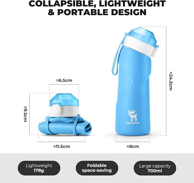 Quanture Collapsible Water Bottle 24oz (700mL), Foldable Silicone Travel Water Bottle, Leakproof & BPA-Free, with Wide Mouth & Carry Strap for Hiking, Camping, Outdoor, Blue - Image 2