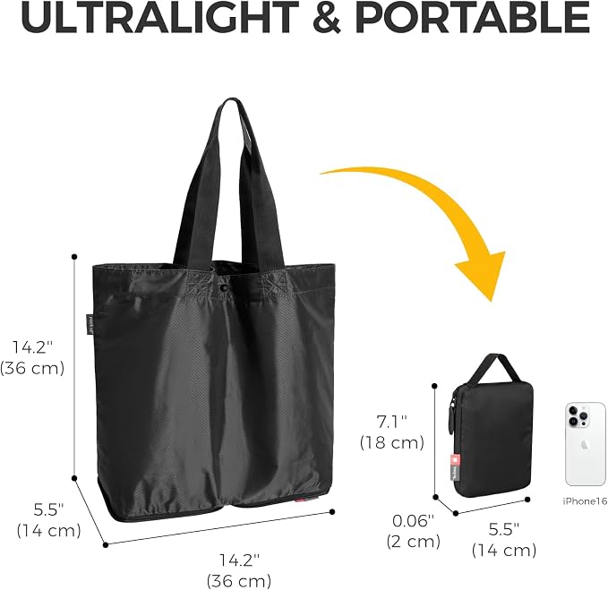 pack all 16L Lightweight Foldable Tote Bag, Reusable Grocery Shopping Bag | Ultralight, Packable, Water-Resistant, Tear Resistant Nylon, Button Closure, Compact for Travel, Work and Camping, Black - Image 3