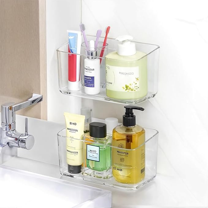 PAVSTINE 2 Pack Clear Shower Shelf, Adhesive Bathroom Shower Shelves | Wall Mounted Bathroom Shower Organizer, No Drill Shower Shelves with Self Adhesive Tape, Transparent by PAVSTINE