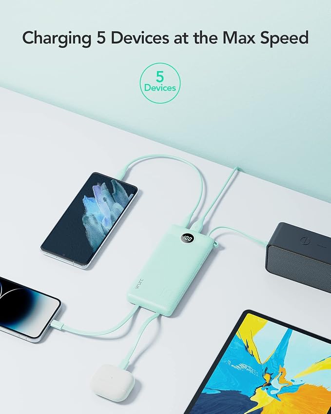 VRURC Power Bank with Built-in Cables,USB C Portable Charger for iPhone | 10000mAh Slim Charging Bank with Lanyard, Perfect for Travel, Work, School and Daily Carry-Green - Image 4