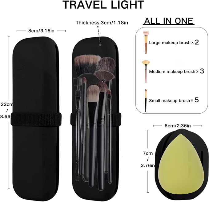 Silicone Makeup Brush Holder Travel Case Water-Resistant Brush Organizer for Travel Makeup Brushes Storage with No Odor Nylon Strap Closure (Black) - Image 4