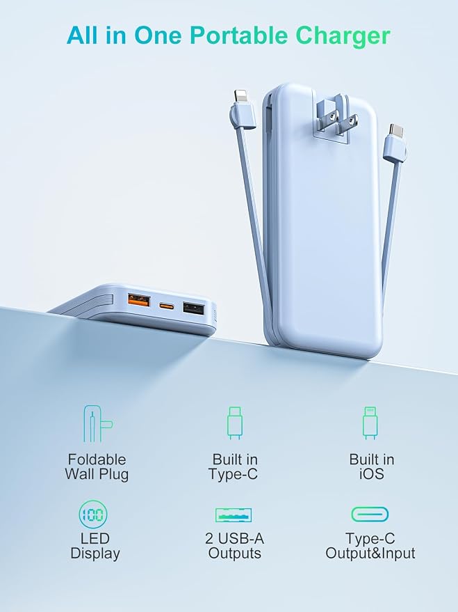 citicr Portable Charger 10000mAh PD20W w/Built-in Cables & Wall Plug Blue | Fast charging, Built-in wall plug, LED display, Charge 5 devices at once, Pass through charging, TSA approved, Pocket size - Image 9