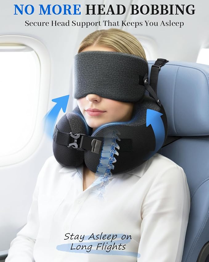 Travel Pillow for Long Flight Airplanes, Head Strap with Soft Eye Mask for Sleep, Memory Foam Travel Neck Pillow for Car Trip Essential, 360° Headrest Support to Stop Head Bobbing, EVA Case, Grey - Image 2