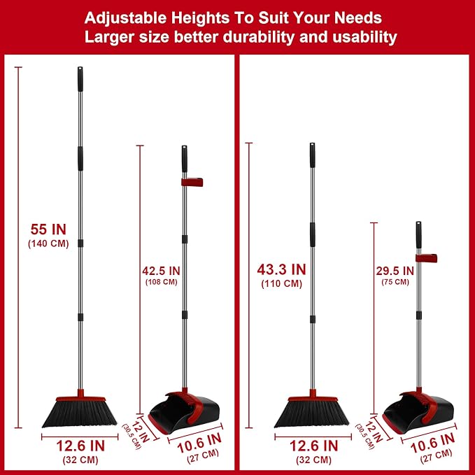 Red Broom and Dustpan Combo Set, 55" Long Handle Broom | Large Area Outdoor Cleaning, Extended Reach Design, Built-in Comb Dustpan, Foldable Storage for Garage, Patio & Home - Image 4