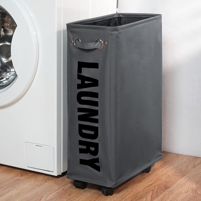 DOKEHOM 25" Slim Rolling Laundry Basket Hamper, Narrow on Wheels, Grey | Collapsible narrow laundry hamper with mesh drawstring closure. Foldable corner clothes storage bin for small spaces - Image 8