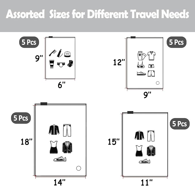 (20 pcs, 4 Sizes) Travel Luggage Organizer Bags, 4 Mil Slider Zip Plastic Clothing Packaging Bags, Travel/Home Storage and organizing pouches, Space Saver Bag (6''x9''-14‘’x18'') - Image 2