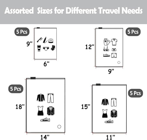 (20 pcs, 4 Sizes) Travel Luggage Organizer Bags, 4 Mil Slider Zip Plastic Clothing Packaging Bags, Travel/Home Storage and organizing pouches, Space Saver Bag (6''x9''-14‘’x18'') - Image 2