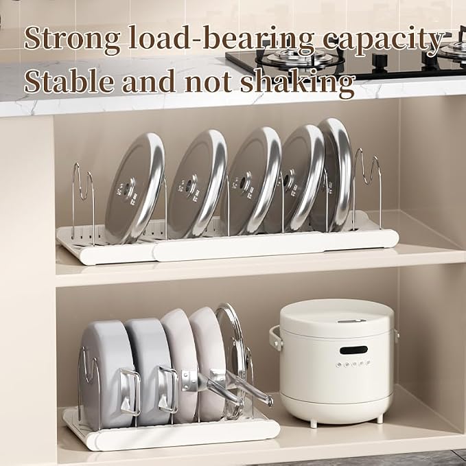 Expandable Pots and Pans Organizer Under Cabinet | 7 Stainless Steel Dividers, 13-22 inch Heavy Duty Pan Rack with Lid Holder, Pot Organizer Inside Cabinet for Kitchen Storage - Image 8