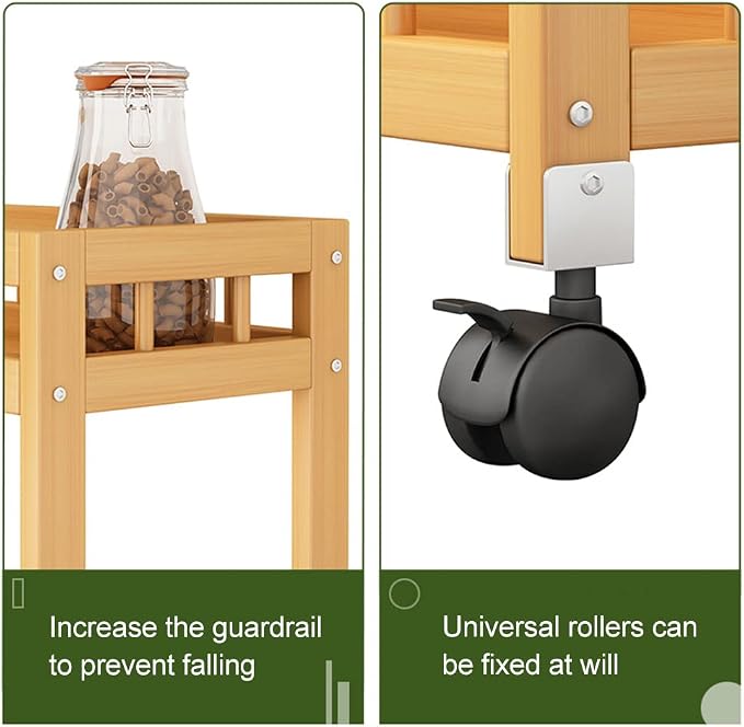 4-Tier Bamboo Utility Kitchen Rolling Cart Trolley Island Storage Shelf | (23.6" L X 7.1" W X 37.8" H) Wood Removable Multi-Layer Rack on Wheels - Image 9