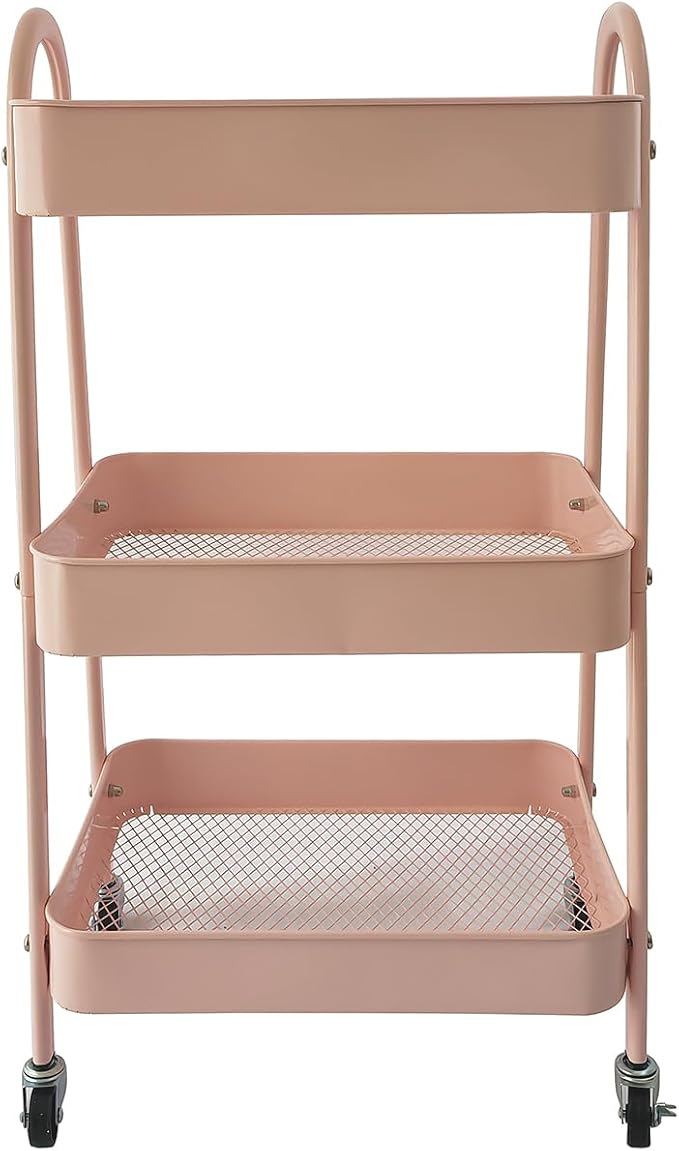 Utility Cart, 3-Tier Rolling Slim Storage Cart with Wheels, Metal, Pink by ONEPTY