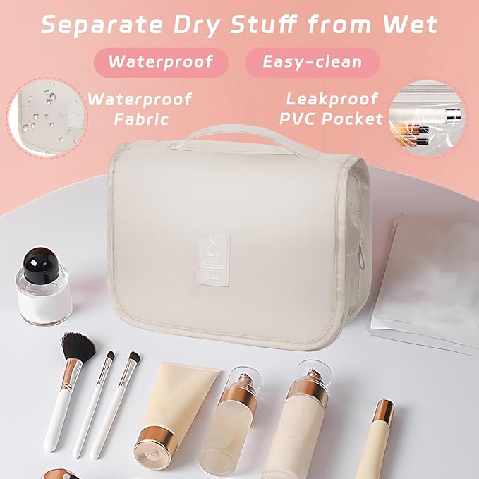 Toiletry Bag Travel Bag with Hanging Hook for Women and Men,Beige | Waterproof Small Capacity Hanging Multifunctional Makeup Bag for Toiletries, Portable Cosmetic Bag Travel Organizer - Image 4