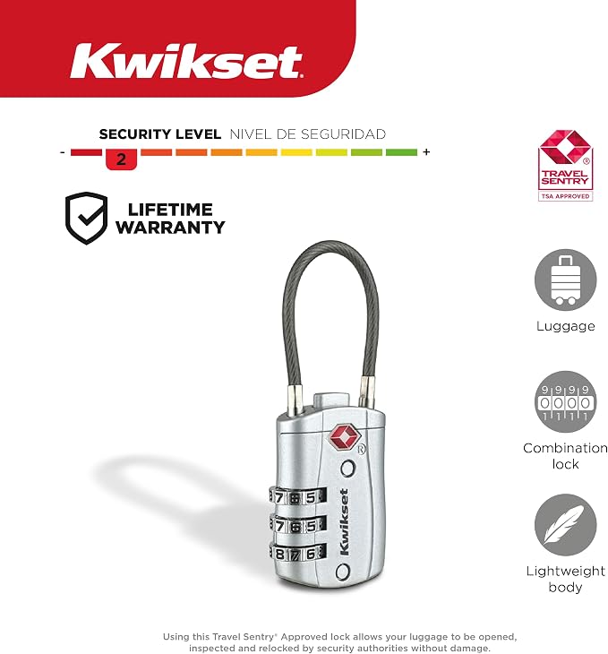 Kwikset TSA Approved Combination Luggage Lock with Cable, 1-Pack, Silver | Cable Shackle Threads Through Zippers, Straps and Handles; Resettable Code with 1-3/16 in Body for Travel - Image 2