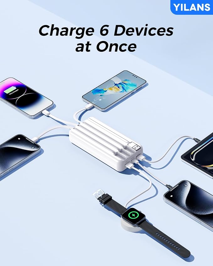 YILANS Portable Charger 50000mAh, 22.5W Power Bank with Built-in 4 Cables | Charges 6 Devices, Fast Charging Travel Essential, External Battery Phone Pack for iPhone 17-12, for Samsung/Android/iPad - Image 3