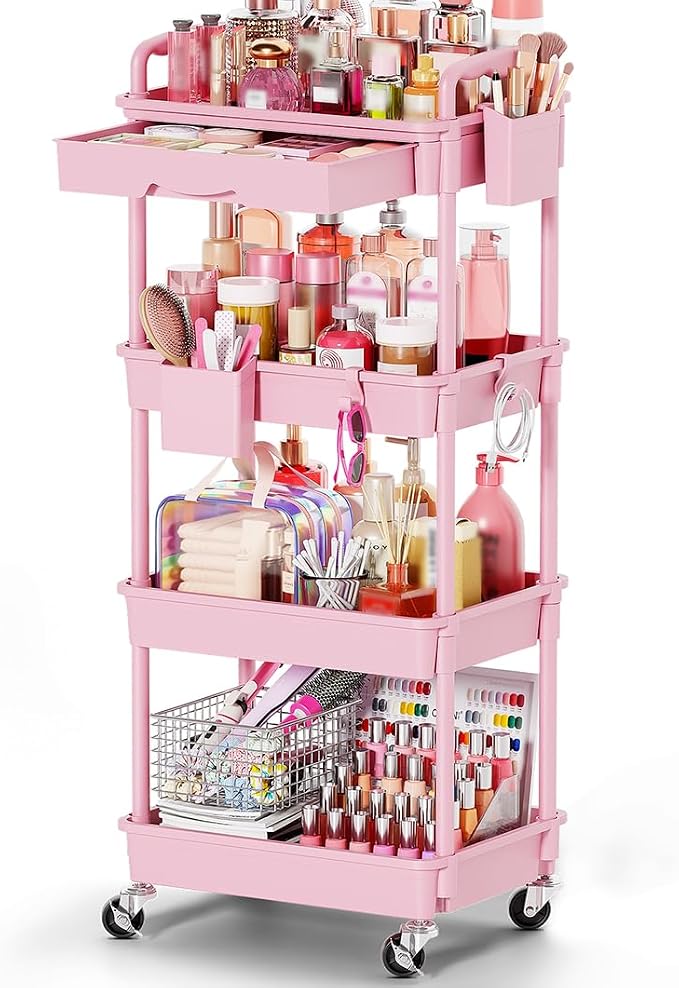Goovilla Rolling Makeup Organizer Cart with Removable Drawer, 4 Tier Pink | Stable Floor Skincare Storage Cart for Vanity, Cosmetic Display, Nail Polish, Perfume, Hair Stuff, Beauty, Bathroom(Plastic) by Goovilla