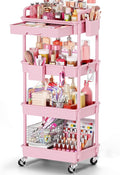 Goovilla Rolling Makeup Organizer Cart with Removable Drawer, 4 Tier Pink | Stable Floor Skincare Storage Cart for Vanity, Cosmetic Display, Nail Polish, Perfume, Hair Stuff, Beauty, Bathroom(Plastic) by Goovilla