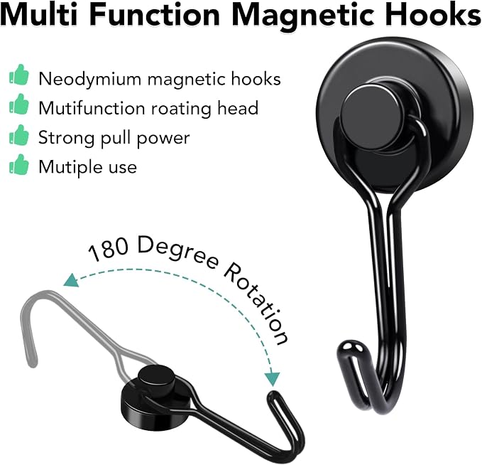 Magnetic Hooks 12 Pack 40Lbs Heavy Duty Neodymium Magnet Hooks | Black Magnetic Swivel Hooks for Hanging Rust Proof Strong Magnets with Hook Magnetic Metal Hanger for Storage - Image 2