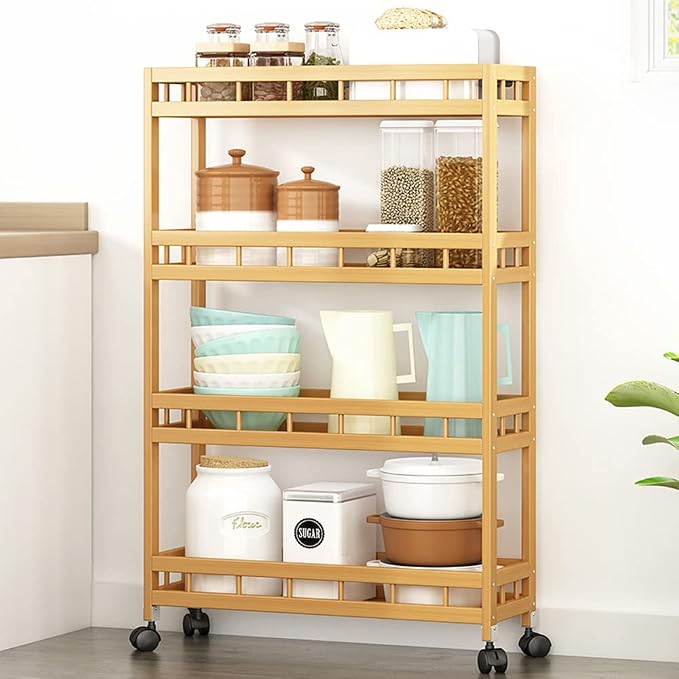 4-Tier Bamboo Utility Kitchen Rolling Cart Trolley Island Storage Shelf | (23.6" L X 7.1" W X 37.8" H) Wood Removable Multi-Layer Rack on Wheels - Image 8