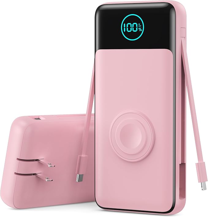 Portable Charger for iPhone with Built-in Cables and AC Wall Plug,26800mah Fast Charging USB C Power Bank,25W PD Travel Essential Battery Pack for iPhone 17/16/15/14/13,Galaxy,Apple Watch (Pink) by FOCHEW