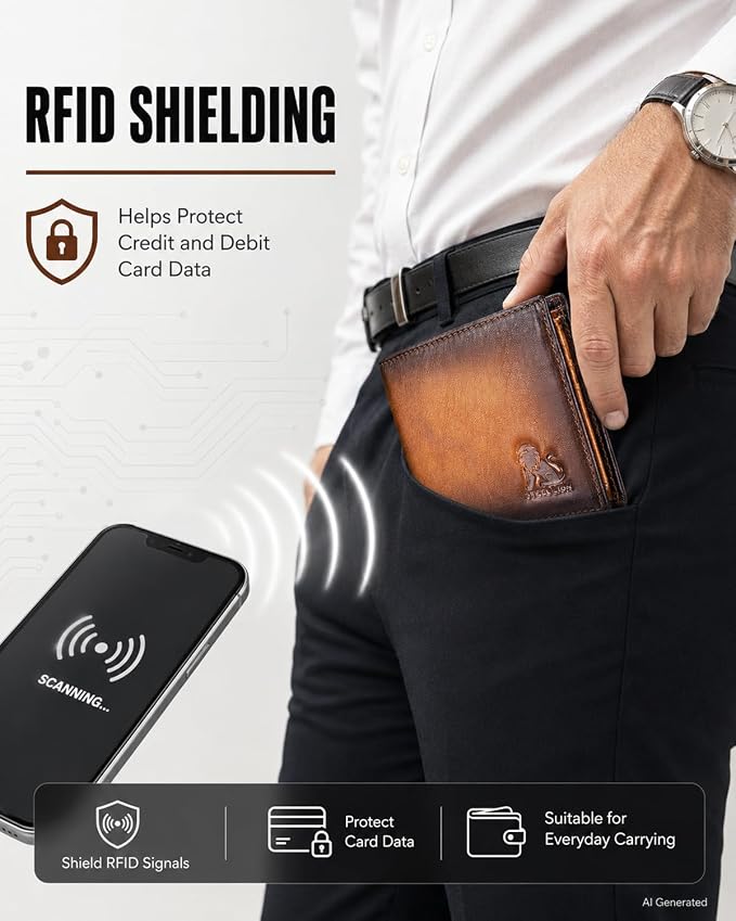 Men's Cowhide Leather RFID Wallet, Slim Bifold (Brown) | 2 Clear ID Windows, 10 Card Slots, Zipper Coin Pocket, Gradient Finish for Business, Travel, Daily Carry and Gifts - Image 2