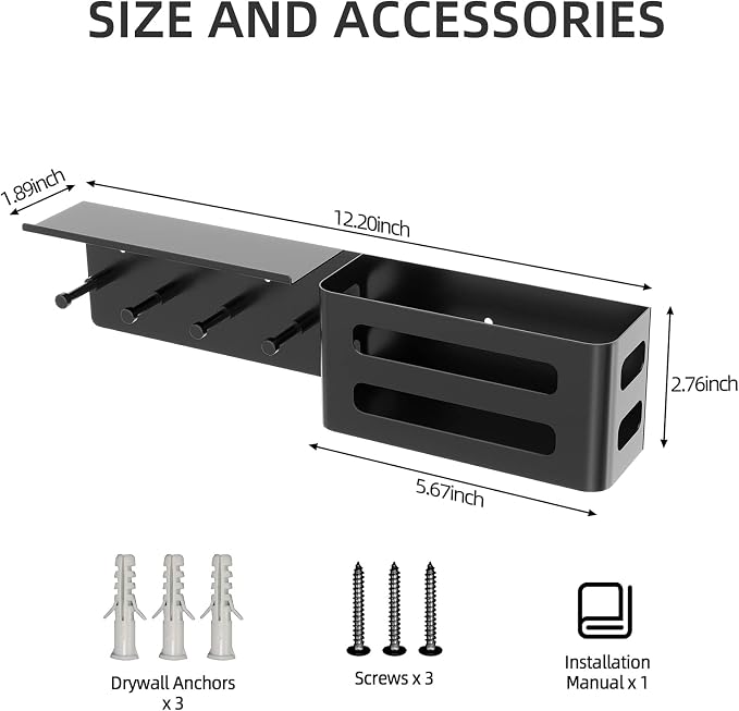 MKO Key Holder Wall Mount, Adhesive Key Hanger with 4 Hooks for Wall, Black | Metal Material, Key Rack with Shelf, Wall Mount, Mail Organizer Tray, Suitable for Entryway, Hallway, Living Room - Image 5