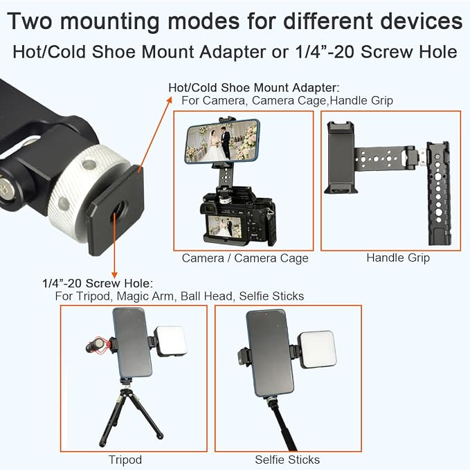 Aluminum Phone Tripod Mount Adapter with Cold Shoe and 1/4” Threaded Holes, 360° Rotation 230° Tilt Camera Phone Holder Mount for iphone Camera Monitoring Gimbals Stabilizers Tripods Phone Holder - Image 3