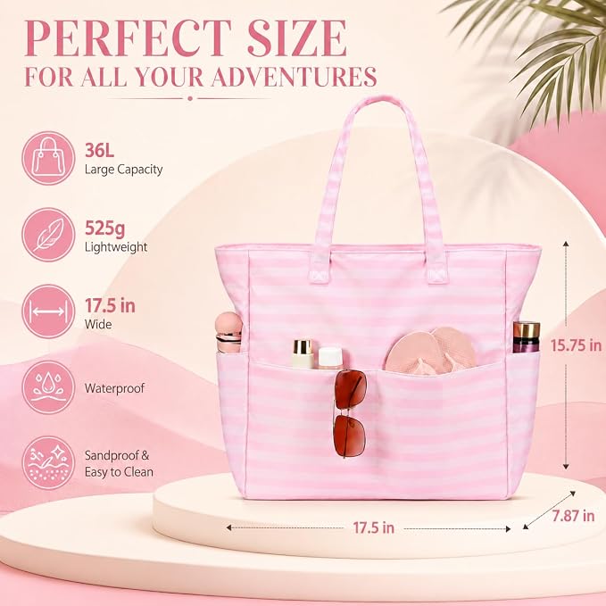 LEDAOU Large Beach Bag for Women, Waterproof Sandproof Tote Bag with Zipper | 36L Pool and Swim bag with Zipper, Wet/Dry pocket and 7 Pockets for Beach Days, Cruises, Vacations and Family travel - Image 9
