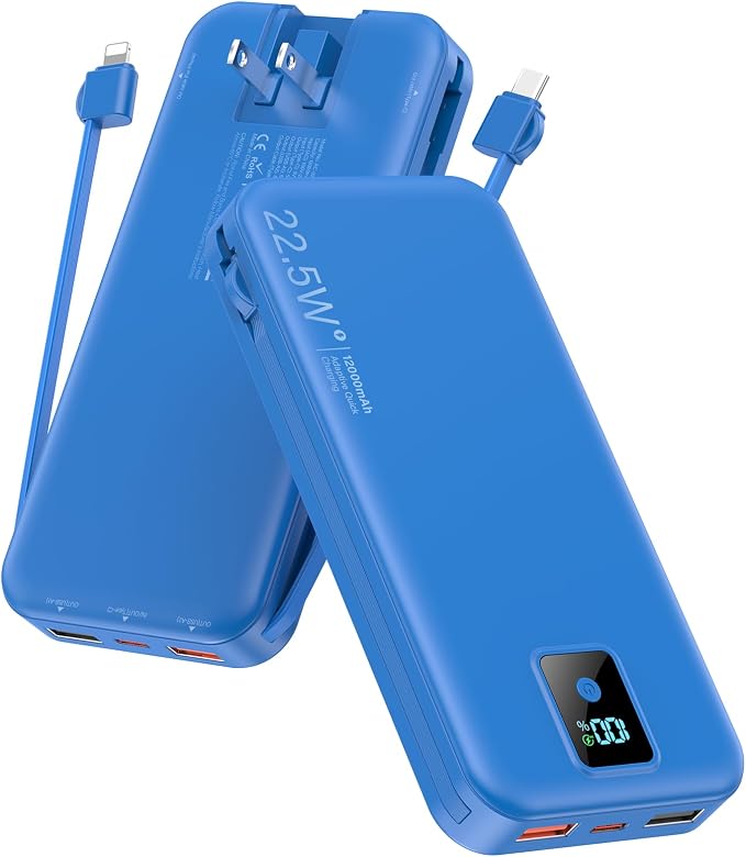 Portable Charger 12000mAh 22.5W w/Built-in Cable & Wall Plug Navy | 22.5W fast charging, LED display, Charging 5 devices at once, Pass through charging, TSA approved, Compatible with iPhone by Rngsnoy