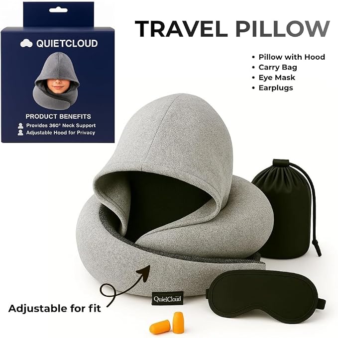 Travel Neck Pillow Hooded Memory Foam 360° Head & Chin Support, Lightweight Breathable Adjustable Fit Travel Neck Pillow with Eye Mask, Earplugs & Carry Bag for Airplanes, Car, Bus, Train & Long Trips - Image 9