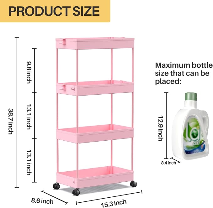 SPACEKEEPER 4 Tier Rolling Cart, Bathroom Cart Organizer with Wheels, Pink | Mobile Storage Cart for Laundry Room Organization,Kitchen,Office,Bathroom, Utility Cart for Snack,Craft,Art,Makeup,Nail,Toys - Image 4