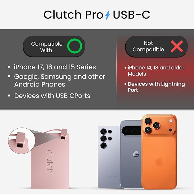 Clutch Pro – World's Thinnest Portable Charger – USB-C Power Bank 5000mAh – Magnetic Built-in Cable – TSA Approved Travel Charger – iPhone 15/16/17 & Android – Pink - Image 2
