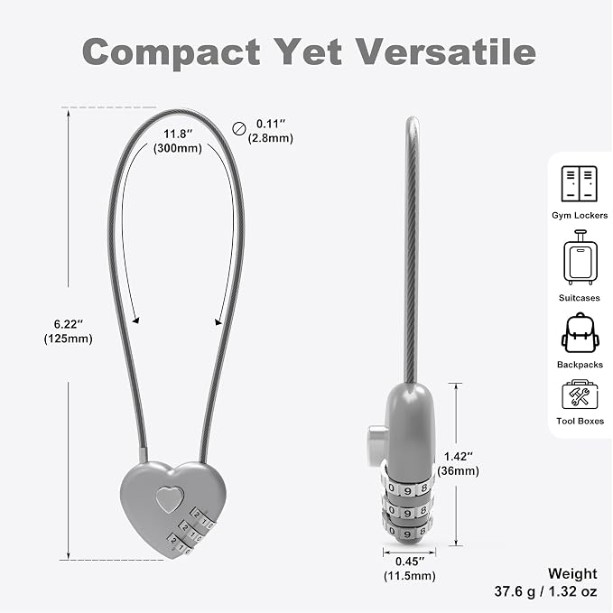 Combination Lock with Cable, Combo Lock with Code, Small Cable Padlock Combination for Travel Essentials, Luggage, Bike Motorcycle Helmet, Outdoor Fence Gate, Cabinet, Refrigerator Door - Image 3