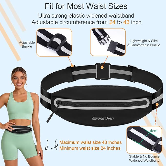 Slim Running Belt, Water Resistant Fanny Pack for Men Women Black | Ultra-Light, Widened Elastic Adjustable, No Bounce, Reflective Strip, Small Waist Pack Cell Phone Holder, Fit for All Phones - Image 3