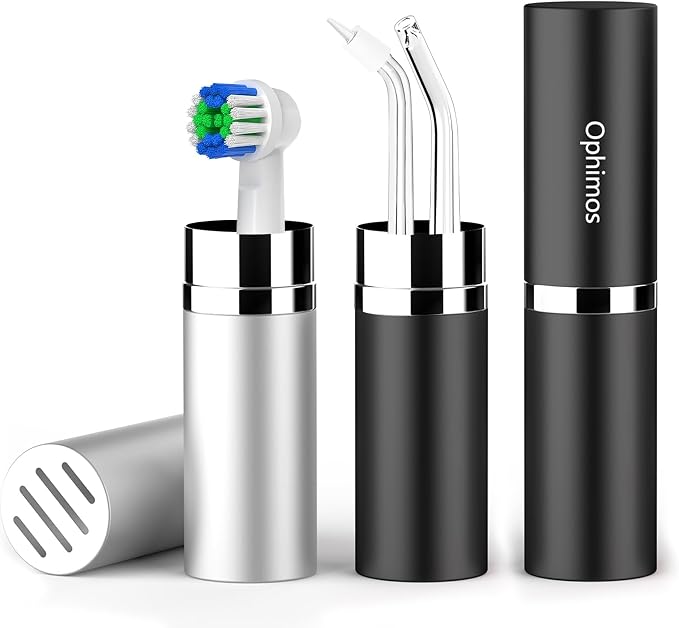 Portable Aluminum Travel Case for Electric Toothbrush Heads & Water Flosser Tips, 2-Pack (Silver+Black) - Not for Waterpik Water Flosser by ophimos