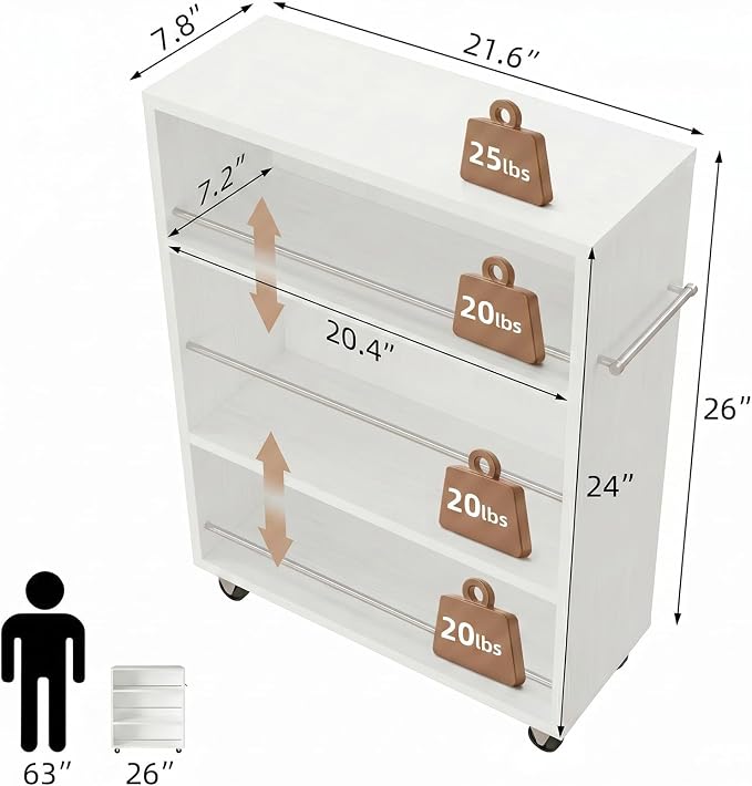 ALBAD Slim Rolling Cart,4-Tier Storage Cart with Wheels,7.9”W Slim Storage Cart with Handle for Kitchen Laundry Narrow Places Bathroom Dining Room Small Spaces | 4 adjustable MDF shelves (20 lbs each), 360° casters + side handle, Fits kitchen, laundry,... - Image 7
